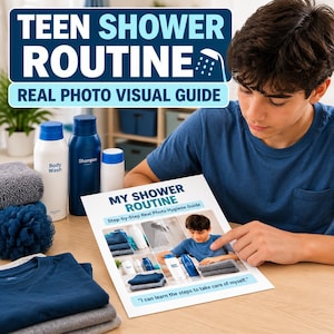 Op de afbeelding: Een visuele gids getiteld TEEN SHOWER ROUTINE REAL PHOTO VISUAL GUIDE met een persoon die naar een kaart wijst met het opschrift MY SHOWER ROUTINE. De scène bevat een witte fles douchegel, een blauwe shampoofles, een witte fles, handdoeken en kleding.
