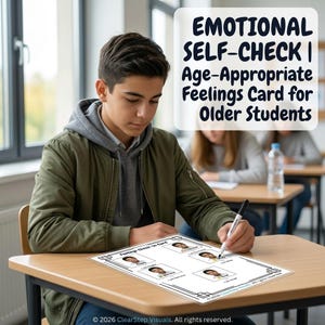 Puede incluir: Una tarjeta de autoevaluación emocional para estudiantes mayores que presenta una cuadrícula de cuatro rostros ilustrados con etiquetas. La tarjeta incluye el texto 'Feelings: Check-In Card' y un borde negro decorativo sobre papel blanco.