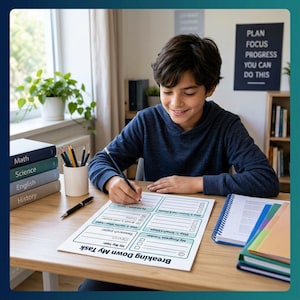May include: A white task tracking sheet titled Breaking Down My Task with sections for My Big Task, My Progress Tracker, Step 1: Small-Steps, and Step 2: Action. The sheet is on a wooden desk with a stack of books labeled Math, Science, English, and History.