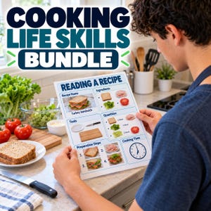 Peut inclure: Une fiche pédagogique Cooking Life Skills Bundle intitulée Reading a Recipe, comprenant des sections pour les ingrédients, les outils, les quantités, les étapes de préparation et le temps de cuisson. Le document montre un sandwich à la dinde.
