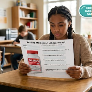 May include: A white educational worksheet titled Reading Medication Labels: Tylenol, featuring a graphic of a red-capped Tylenol bottle and six numbered questions about medication safety, held by a student in a classroom setting with a safety badge.