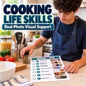 May include: A printed checklist titled BEFORE I COOK with seven numbered steps and corresponding photos, featuring instructions like Wash my hands and Gather ingredients. The document is placed on a kitchen counter next to a spice jar.