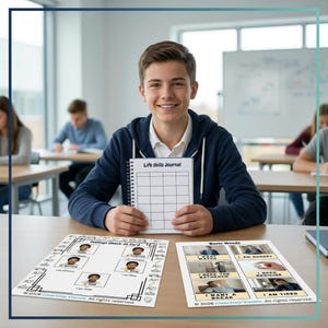 Könnte beinhalten: Ein spiralgebundenes Life Skills Journal, gehalten von einem Schüler, begleitet von zwei gedruckten Blättern auf einem Tisch. Ein Blatt ist eine Gefühls-Check-Karte mit sechs Zuständen, das andere ein Grundbedürfnis-Diagramm mit sechs Foto-Icons.