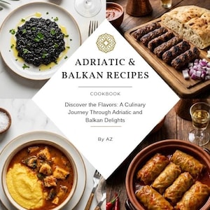 Peut inclure: Un livre de cuisine intitulé Adriatic & Balkan Recipes avec un centre en forme de losange blanc et du texte noir. La couverture présente quatre images culinaires : risotto noir, viandes grillées avec pain et oignons, ragoût de poisson et choux farcis.