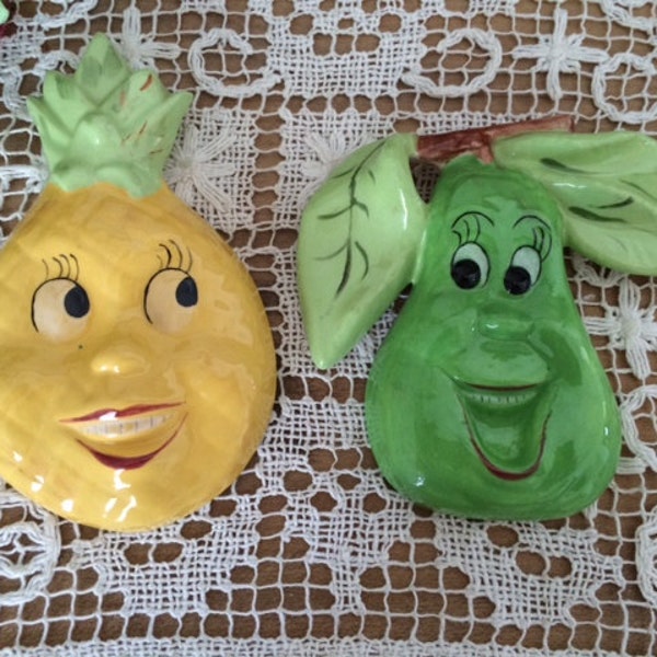 Vintage Ceramic Wall Fruit, Anthropomorphic Fruit Plaques, Pineapple & Pear Wall Art
