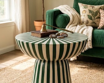 Handcrafted Green White Striped Resin Coffee Table, Modern Bone Inlay Style Accent Table