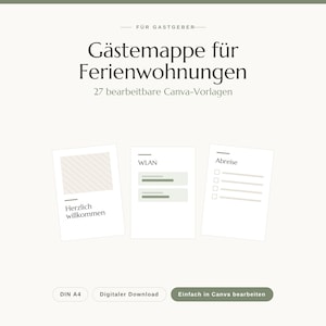 May include: A digital template set for vacation rental guest books featuring 27 editable Canva pages. The design includes three sample sheets labeled Herzlich willkommen, WLAN, and Abreise, with text indicating DIN A4 size and digital download.