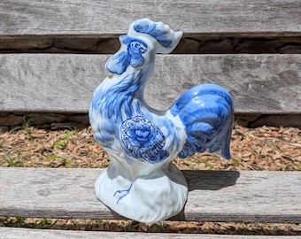 Vintage Ceramic Hand Painted Cobalt Blue Chicken Rooster Figurine Large