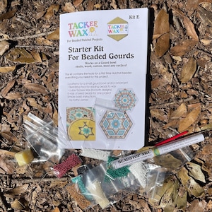 May include: A starter kit for beaded gourds, including a booklet, seed beads, wax, and tools. The kit contains everything needed for a first-time Huichol beader. The kit includes patterns for a small gourd bowl or ornament.