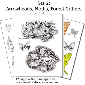 Printed Wood Burning Pyropaper. Animals, Arrowheads, Moths Set 2 for most surfaces, wood, leather, gourds, and eggs. 12 pages of patterns. image 1