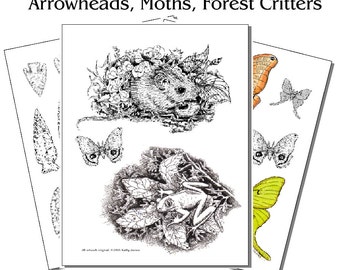 Printed Wood Burning Pyropaper. Animals, Arrowheads, Moths (Set 2) for most surfaces, wood, leather, gourds, and eggs. 12 pages of patterns.