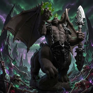 May include: A muscular, winged, horned creature with a centaur-like lower body, holding a glowing green orb and a large, ornate silver spear. The figure wears a dark chest plate and chains, standing amidst a landscape of scattered human skulls.