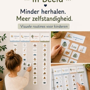 Puede incluir: Un conjunto de tablas de rutina visual para niños titulado Mijn Dag in Beeld, que incluye 48 pictogramas ilustrados y 4 tarjetas de rutina. Las tarjetas muestran tareas diarias con iconos para actividades de mañana, tarde y fin de semana.