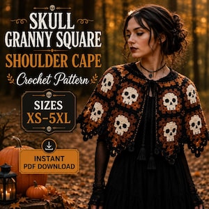 Könnte beinhalten: Ein gehäkeltes Schultercape mit einem wiederkehrenden Muster aus cremefarbenen Totenköpfen auf schwarzen und braunen Granny Squares. Das Kleidungsstück hat einen schwarzen Bindegürtel mit Quasten. Der Text lautet: SKULL GRANNY SQUARE SHOULDER CAPE Crochet Pattern SIZES XS-5XL INSTANT PDF DOWNLOAD.
