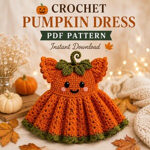 Könnte beinhalten: Eine Häkelanleitung für ein Kürbis-Kleid als PDF mit dem Text CROCHET PUMPKIN DRESS PDF PATTERN Instant Download. Das Kleid ist orange mit grünem Stiel und Blätterkragen und zeigt ein lächelndes Gesicht mit schwarzen Augen und rosa Wangen.