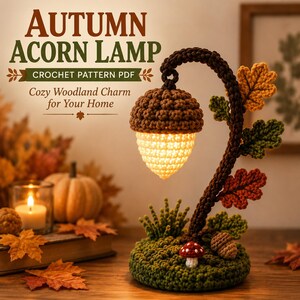 Könnte beinhalten: Eine Häkelanleitung als PDF mit dem Titel Autumn Acorn Lamp, die eine handgefertigte Lampe in Eichelform mit brauner Kappe und leuchtend weißem Sockel zeigt. Der Lampenstiel ist gebogen mit gehäkelten Eichenblättern, Pilz und Eichel auf grünem Boden.
