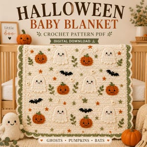 Könnte beinhalten: Eine cremefarbene Häkeldecke für Babys mit wiederkehrenden Motiven aus orangefarbenen Kürbissen, weißen Gespenstern, schwarzen Fledermäusen und kleinen grünen Blättern. Die Decke hat einen grünen Wellenrand und ist als digitale PDF-Anleitung.