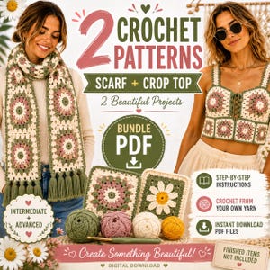 Könnte beinhalten: Ein digitales PDF-Paket mit zwei Häkelanleitungen für einen Schal und ein bauchfreies Oberteil. Das Design verwendet Granny Squares in Creme, Salbeigrün und Altrosa. Enthält Text: 2 CROCHET PATTERNS, SCARF + CROP TOP, BUNDLE PDF und Anleitungen.