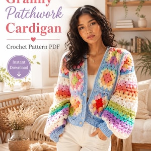 Granny Patchwork Cardigan Crochet Pattern PDF | Colorful Granny Square Cardigan | Boho Crochet Sweater | Instant Download