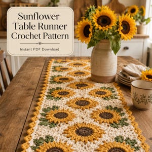 Sunflower Table Runner Crochet Pattern PDF, Farmhouse Table Decor, Floral Crochet Runner, Instant Download, DIY Home Decor