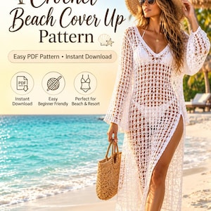 Puede incluir: Un cubretraje de playa de ganchillo blanco con mangas largas, escote en V y una abertura lateral alta. La imagen incluye el texto Crochet Beach Cover Up Pattern, Easy PDF Pattern, Instant Download e iconos de descarga, hilo y bañador.