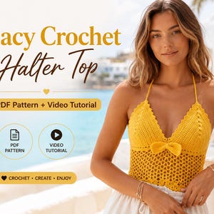 Lacy Crochet Halter Top Pattern PDF with Video Tutorial, Summer Crochet Top Pattern, Beginner Friendly, Beach Top, XS-5XL