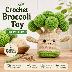 Könnte beinhalten: Ein gehäkeltes Brokkoli-Spielzeug mit beigem Körper und grünen Röschen, mit schwarzen Augen und einem kleinen Lächeln. Der Text lautet Crochet Broccoli Toy, PDF PATTERN, INSTANT DOWNLOAD, Step-by-Step Instructions, Photo Tutorial, Beginner Friendly, Perfect Gift Idea.