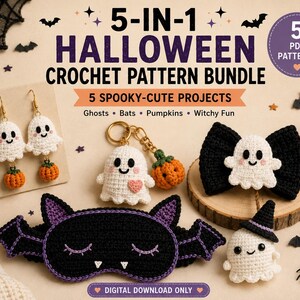 Könnte beinhalten: Ein 5-in-1 Halloween Häkelmuster-Set mit fünf gruselig-süßen Projekten. Die Artikel umfassen weiße Geister-Ohrringe mit orangefarbenen Kürbissen, einen Geister-Schlüsselanhänger, eine Geister-Haarschleife, eine Fledermaus-Augenmaske und einen Geist.