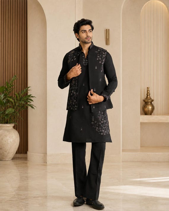 Men's Black Koti Kurta Set, Embroiderd Kurta Pajama, Wedding Outfit, Sherwani Style Vest,|  Sangeet Indian Ethnic Wear for Men| Groom Dress
