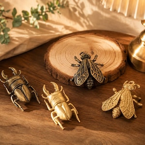 Könnte beinhalten: Eine Sammlung von vier metallischen Insektenfiguren, bestehend aus zwei Hirschkäfern und zwei Bienen. Die Insekten weisen detaillierte Texturen an Flügeln und Körpern auf und haben ein poliertes, goldfarbenes Finish. Die Figuren sind auf einer Holzoberfläche angeordnet.