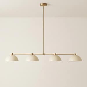 May include: A linear chandelier featuring a central vertical rod connected to a horizontal bar that supports four evenly spaced, downward-facing dome-shaped shades in a matte cream finish with a brushed brass metal frame and hardware.
