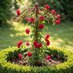 May include: A brown metal umbrella-shaped plant trellis supporting a climbing rose bush with vibrant red flowers and green leaves. The structure features a central pole topped with a sphere and curved arms that extend outward to support the stems.