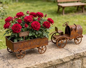 May include: A rustic metal wagon planter filled with vibrant red roses and a small sign reading ROYAL CRIMSON, attached to a matching metal tractor-style cart. Both pieces feature a weathered, oxidized brown finish and thin spoked wheels.