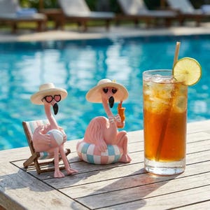 Puede incluir: Dos figuras de flamencos rosas con sombreros de sol y gafas de sol en forma de corazón. Uno sentado en una silla de playa de madera en miniatura con una pelota, el otro en un flotador a cuadros con una bebida. Un vaso alto de té helado al lado.