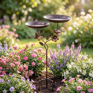 May include: A copper-coloured metal bird bath featuring two circular basins at different heights, supported by a central stem decorated with sculpted leaves, a butterfly, and a small bird perched on a flower, anchored by a four-pronged base.