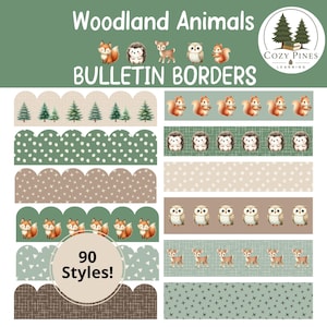 Peut inclure: Une collection de bordures de tableau Woodland Animals comprenant 90 styles. Les motifs incluent des illustrations de renards, hérissons, cerfs, hiboux et écureuils, ainsi que des motifs de sapins, pois, croix et triangles dans des tons terre.