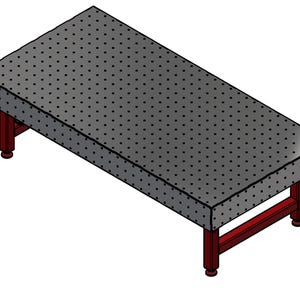 May include: A rectangular welding table featuring a thick, dark gray metal top with a uniform grid of circular holes across its surface. The heavy-duty top is supported by four sturdy, dark red metal legs connected by horizontal support bars.