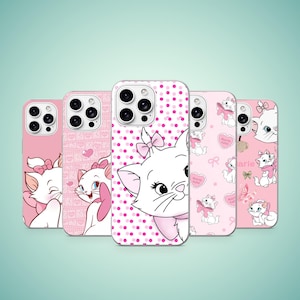 May include: Five smartphone cases featuring Marie the white kitten from The Aristocats. The designs include various pink backgrounds with polka dots, hearts, bows, and illustrations of the kitten in different poses with pink accents throughout.