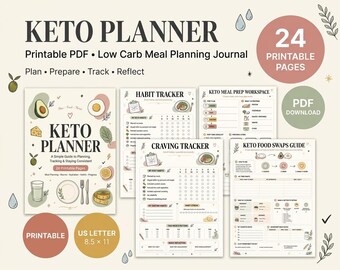 Keto Meal Planner Printable PDF, Low Carb Journal, Recipe Organizer, Habit Tracker (24 Pages)