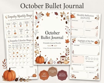 Bullet Journal October Printable PDF, Halloween Pages with 15-Page Planner Bundle