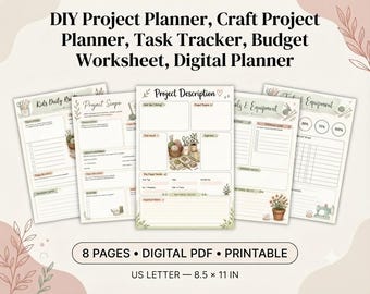 Craft Project Planner, DIY Task Tracker and Budget Worksheet, Hobby Organization Pages