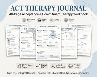 ACT Therapy Journal.Self - Worth 40-Page Workbook ,Self - Development PDF,Printable