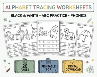 Alphabet Tracing Worksheets, Black White Phonics Letter ABC Practice Worksheets, Printable PDF