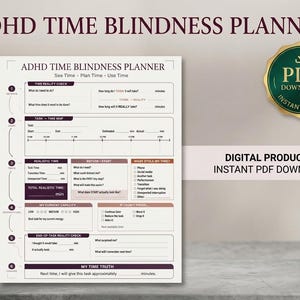 Può includere: Un modello digitale di pianificatore ADHD Time Blindness con sezioni per controlli della realtà temporale, mappatura delle attività, stima realistica del tempo, monitoraggio della capacità e riflessioni finali. Include intestazioni e caselle di controllo.