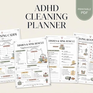 Puede incluir: Un planificador de limpieza para TDAH de 38 páginas en descarga digital formato PDF. Las páginas incluyen listas de verificación y guías tituladas My Cleaning Caddy, Dishes & Sink Rescue y Living Room Reset, con ilustraciones de artículos.