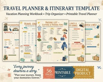 Travel Planner Template - Printable Vacation Itinerary Organizer, Trip Workbook & Packing Checklist for Holiday Planning