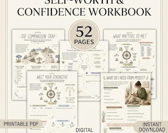 52-Page Self-Worth Workbook, Confidence Building Exercises, Self-Acceptance Journaling (Digital Download)