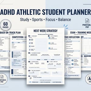 May include: An ADHD Athletic Student Planner with 60 pages in A5 size. The printable PDF features sections titled Next Week Strategy, Back-on-Track Plan, Competition + Assignment, Practice Reflection, and Exam + Training Week with blue accents.