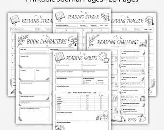 Printable Reading Journal with Character Analysis, Monthly Tracker, Minimalist Botanical Line Art Pages