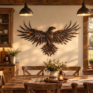 May include: A large, dark metal wall sculpture of an eagle with wings fully spread. The eagle features intricate, layered feather detailing in shades of bronze, copper, and black, creating a textured appearance across its wide, expansive wingspan.